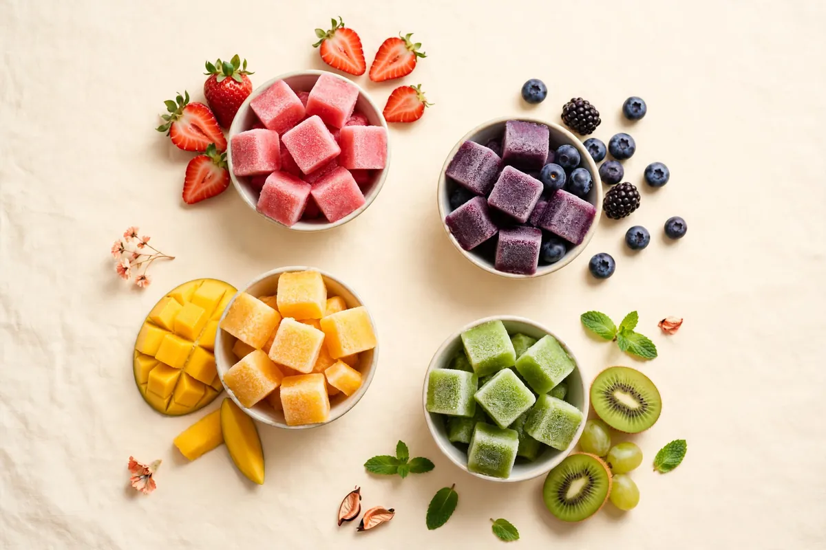 Frozen fruit pulp cubes with fresh fruit