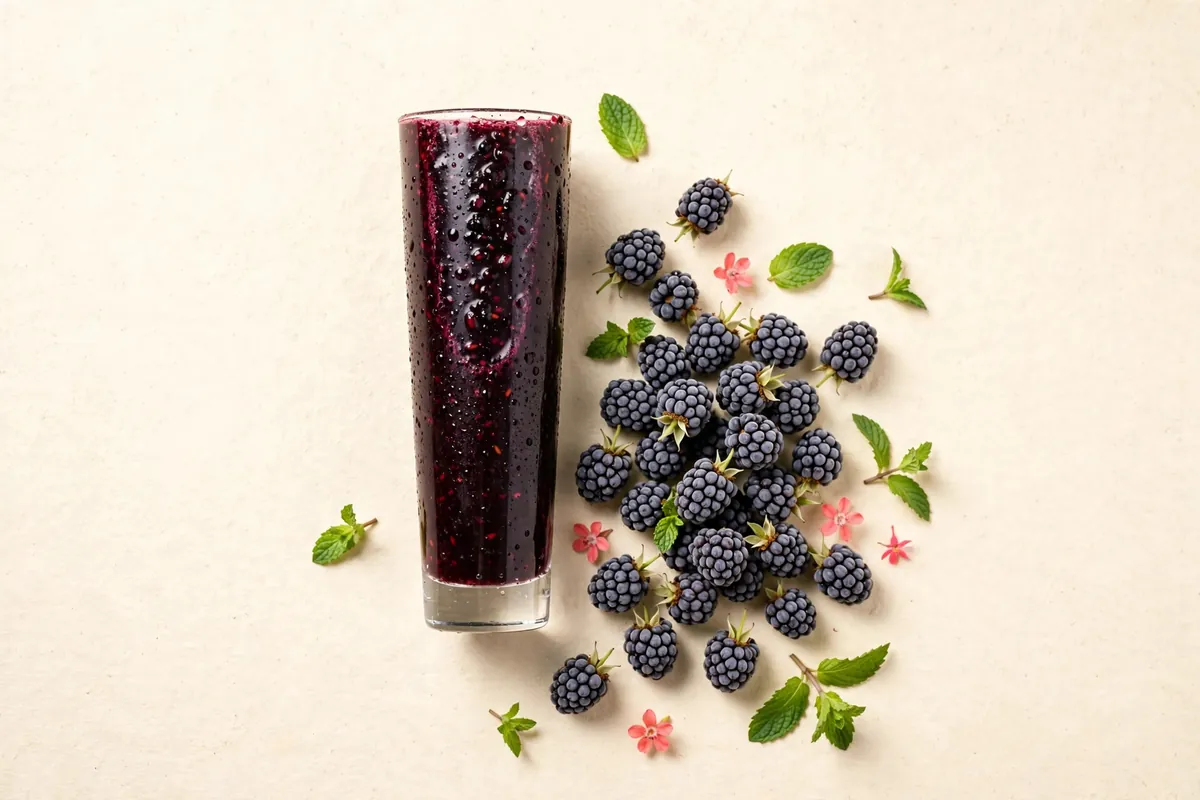 Tall glass of deep purple blackberry juice