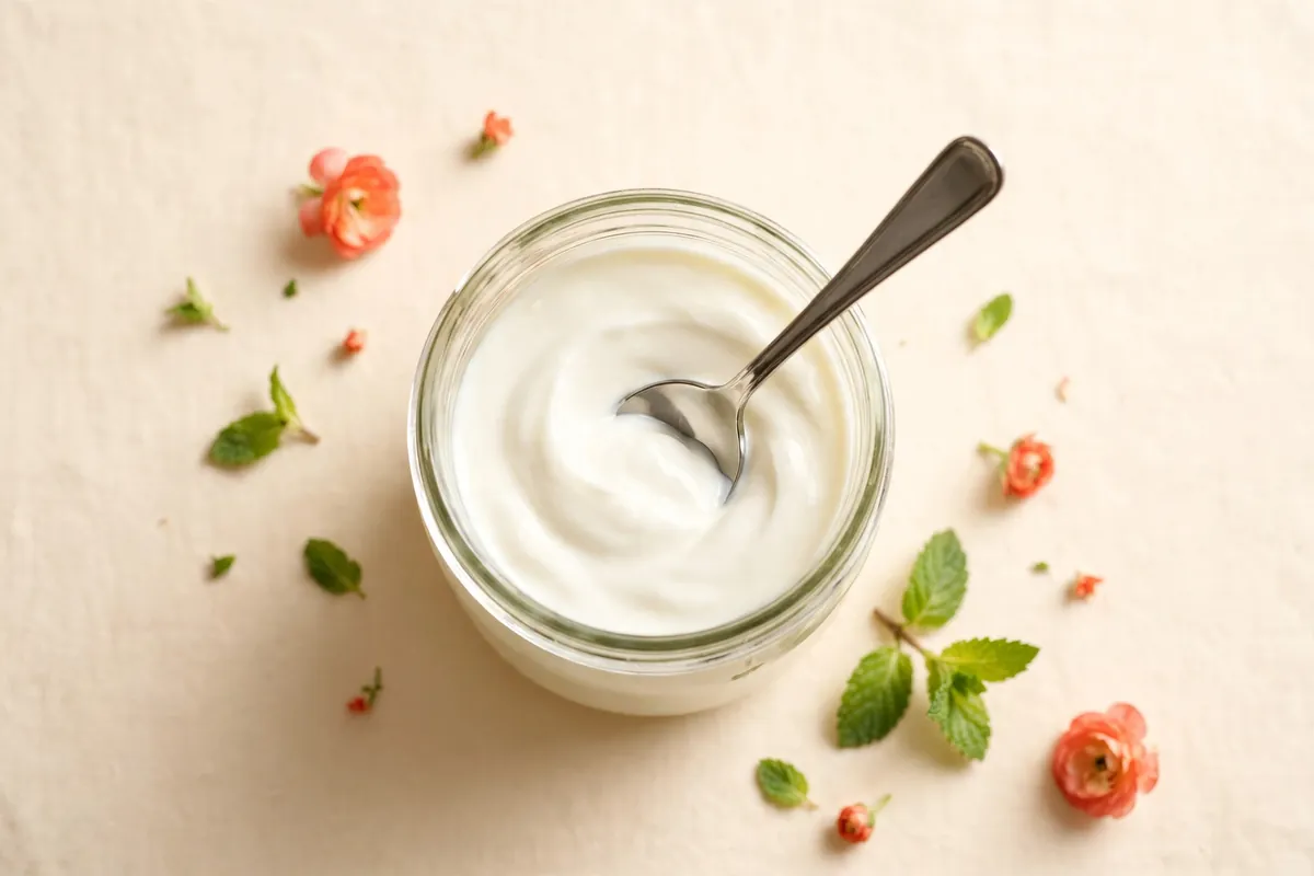 Glass jar of plain white yogurt with a spoon