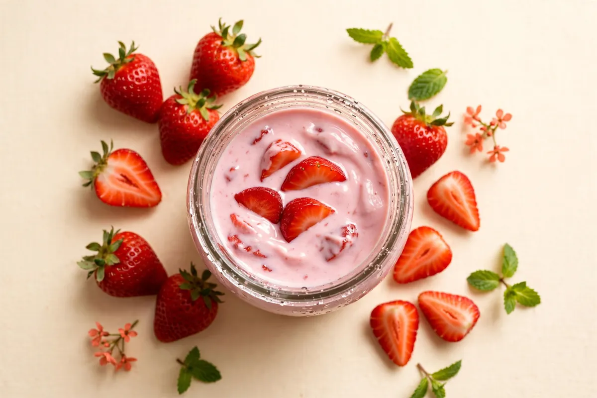 Glass jar of pink strawberry yogurt with fresh strawberries