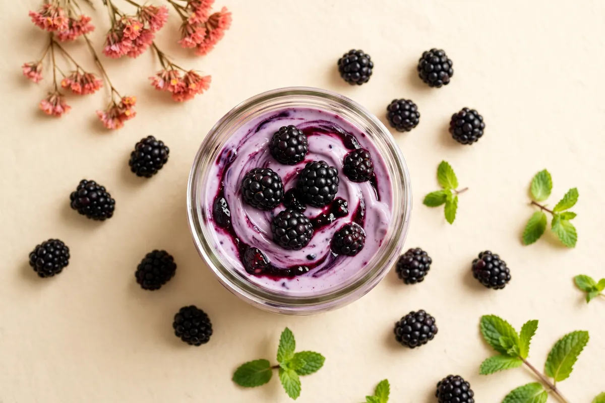 Glass jar of purple blackberry yogurt with blackberries