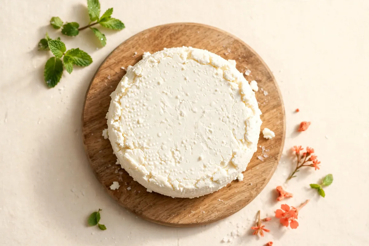 Round fresh white farmer’s cheese (queso campesino) on a wooden board