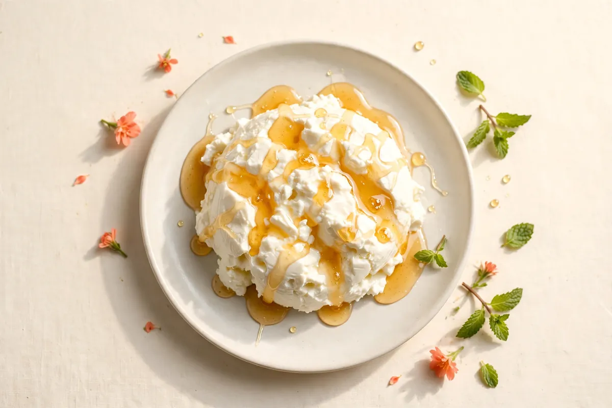 Fresh white curd cheese (cuajada) on a plate with a drizzle of honey