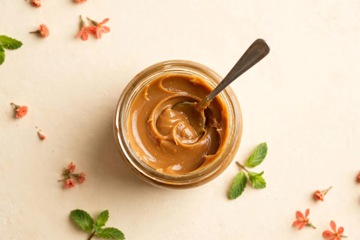 Glass jar of golden-brown milk caramel spread (arequipe) with a spoon