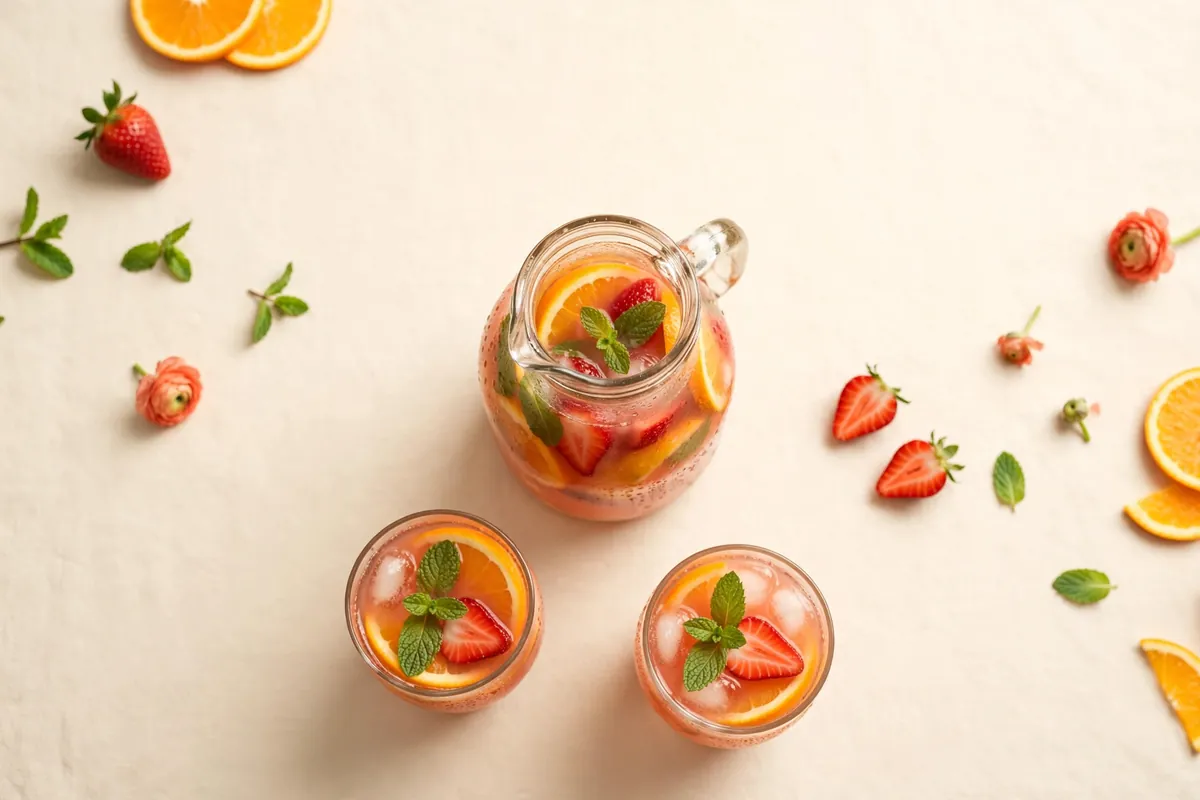 Glass jug of fresh fruit juice with two glasses