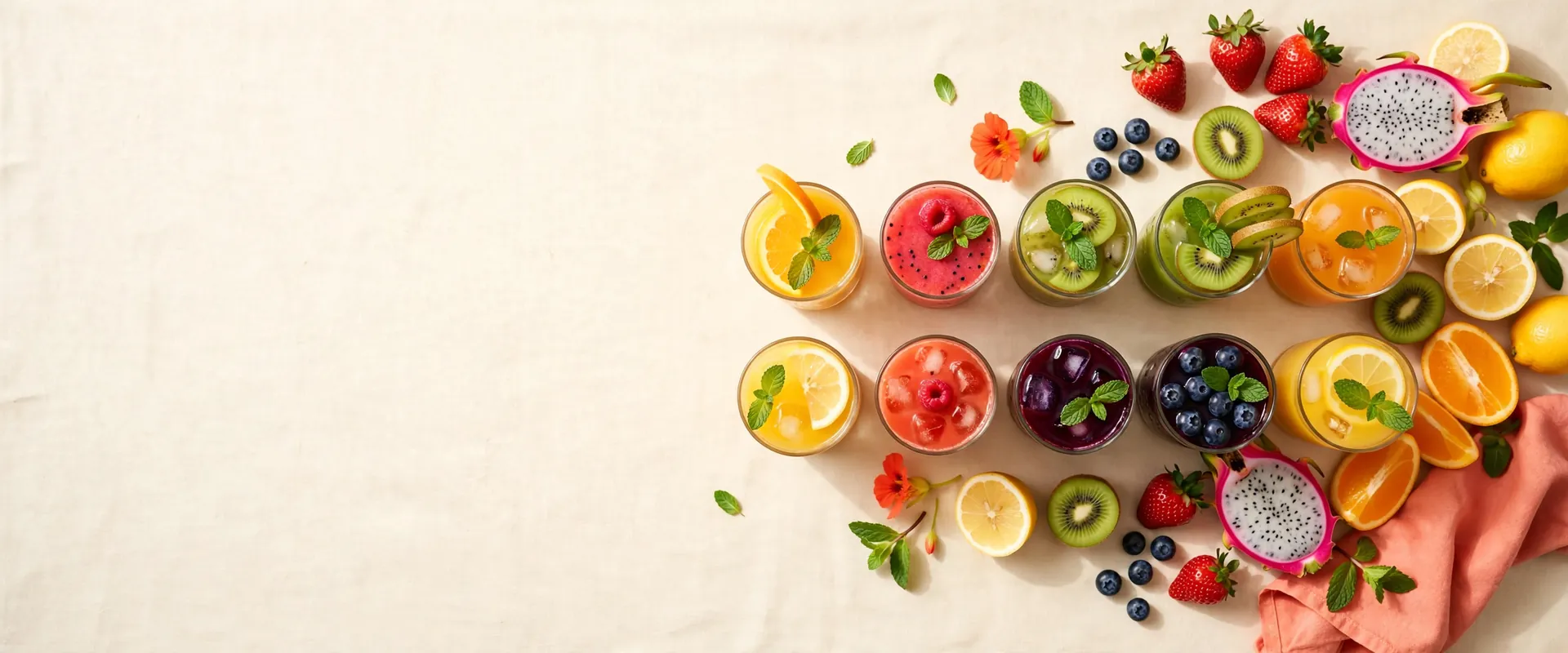 Juices and fruit on a long table